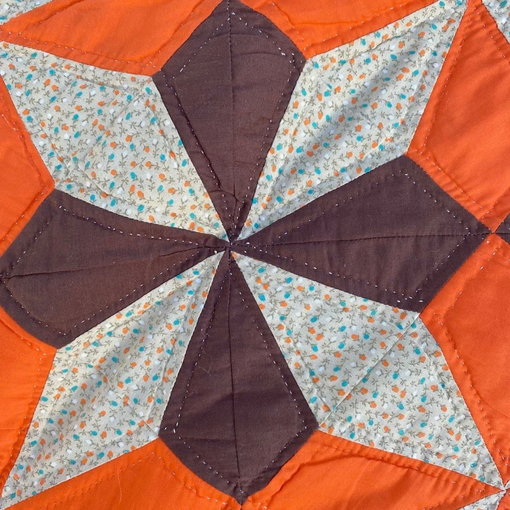 Vintage Handmade Patchwork Quilt Star‎ Geometric Orange Brown Calico 70s Retro - Picture 6 of 15